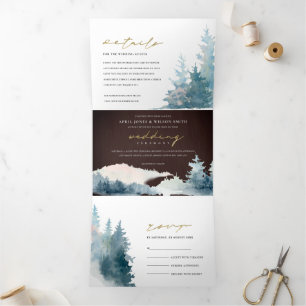INVITATION TROIS VOLETS BOIS BROWN MONTAGNES BLEU PINE COULEUR D'EAU MARIA