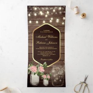 Invitation Trois Volets Bois Dusty Roses Mason Jar String Mariage