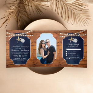Invitation Trois Volets Bois Marine Blue Starfish Sand Dollar Beach Mariag
