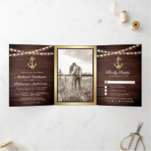 Invitation Trois Volets Bois rustique Ancre d'or nautique Mariage (Intérieur)