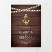 Invitation Trois Volets Bois rustique Ancre d'or nautique Mariage (Page de couverture)
