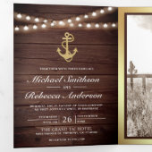 Invitation Trois Volets Bois rustique Ancre d'or nautique Mariage (Intérieur en premier)