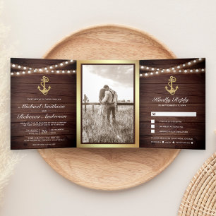 Invitation Trois Volets Bois rustique Ancre d'or nautique Mariage