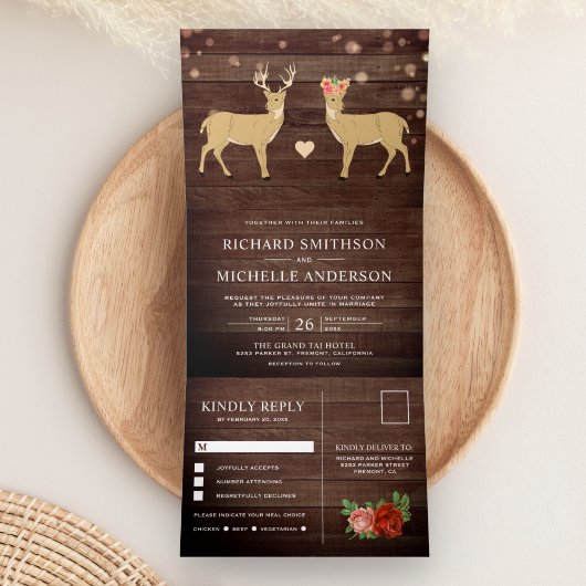 Invitation Trois Volets Bois rustique Buck et Doe Romantic Deer Mariage