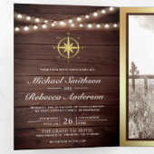 Invitation Trois Volets Bois rustique Mariage de boussole d'or nautique (Intérieur en premier)
