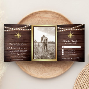 Invitation Trois Volets Bois rustique Mariage de boussole d'or nautique