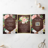 Invitation Trois Volets Bois Rustique Rose Pâle Floral Or Code QR Mariage (Intérieur)