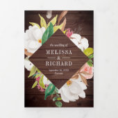 Invitation Trois Volets Bois Rustique Rose Pâle Floral Or Code QR Mariage (Page de couverture)