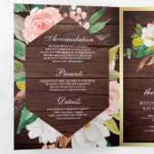 Invitation Trois Volets Bois Rustique Rose Pâle Floral Or Code QR Mariage (Intérieur en premier)