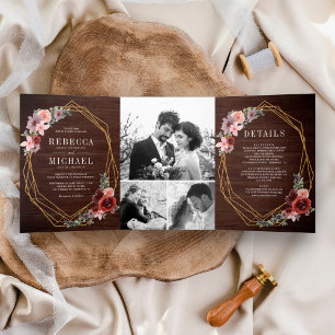 Invitation Trois Volets Bois rustique rose poudré floral mariage Bourgogne