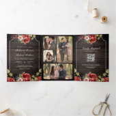 Invitation Trois Volets Bois rustique Roses Rouges Cadre Floral QR Code Ma (Intérieur)