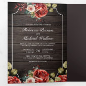 Invitation Trois Volets Bois rustique Roses Rouges Cadre Floral QR Code Ma (Intérieur en premier)
