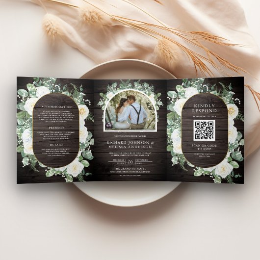 Invitation Trois Volets Bois rustique vert ivoire Floral QR Code Mariage