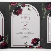 Invitation Trois Volets Bordeaux Red Roses Shadowy Grey Floral Mariage (Intérieur au milieu)