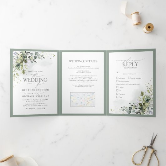 Invitation Trois Volets Botanique Verdure Floral Aquarelle Repas Mariage (Intérieur)