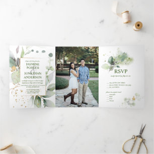 Invitation Trois Volets Botaniques rustiques Mariage photo verdure et or