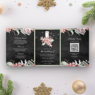 Invitation Trois Volets Bougainville de Noël QR Code Bougie Mariage Noir
