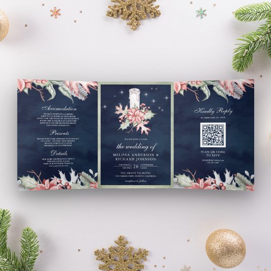 Invitation Trois Volets Bougie de Noël Poinsettia Code QR Mariage de marin