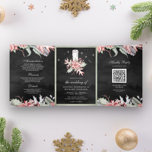 Invitation Trois Volets Bougie de Noël Poinsettia QR Code Mariage noir