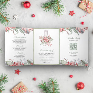 Invitation Trois Volets Bougie de Noël rustique au poinsettia Code QR de m