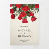 Invitation Trois Volets Bouquet de roses rouges romantiques rustiques Mari (Page de couverture)