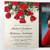 Invitation Trois Volets Bouquet de roses rouges romantiques rustiques Mari (Intérieur en premier)
