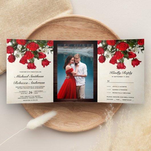 Invitation Trois Volets Bouquet de roses rouges romantiques rustiques Mari