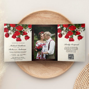 Invitation Trois Volets Bouquet de roses rouges rustiques Photo Code QR Ma
