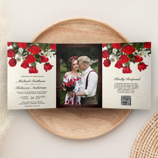 Invitation Trois Volets Bouquet de roses rouges rustiques Photo Code QR Ma