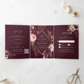 Invitation Trois Volets Bourgogne Automne Romance Aquarelle Florale Mariag (Intérieur)