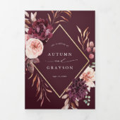 Invitation Trois Volets Bourgogne Automne Romance Aquarelle Florale Mariag (Page de couverture)