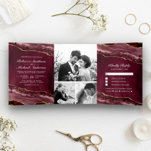Invitation Trois Volets Bourgogne et Gold Agate Photo Collage Mariage
