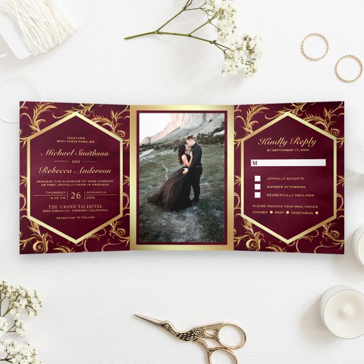Invitation Trois Volets Bourgogne et or Flourd Mariage photo