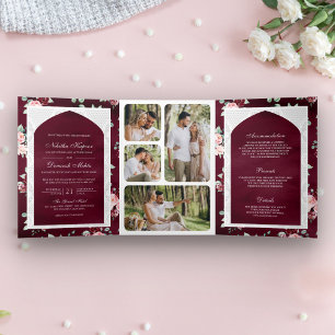Invitation Trois Volets Bourgogne Floral Lace Combinaison de Mariage Indie