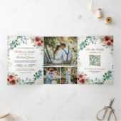 Invitation Trois Volets Bourgogne ivoire Feuille  QR Code Mariage (Intérieur)