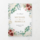 Invitation Trois Volets Bourgogne ivoire Feuille  QR Code Mariage (Page de couverture)