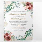 Invitation Trois Volets Bourgogne ivoire Feuille  QR Code Mariage (Intérieur en premier)