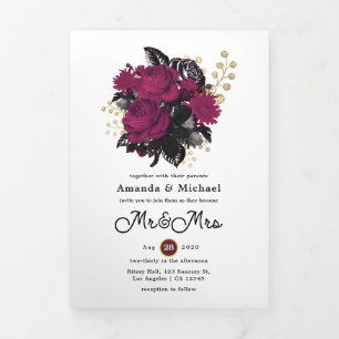Invitation Trois Volets Bourgogne - Mariage Floral Marsala et Or