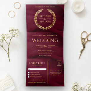 Invitation Trois Volets Bourgogne Or Laurier Minimal Tout en Un Mariage
