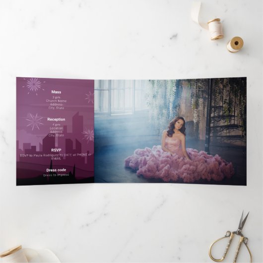 Invitation Trois Volets Bourgogne Rose rose Paris Feu d'artifice Quinceañe (Intérieur)