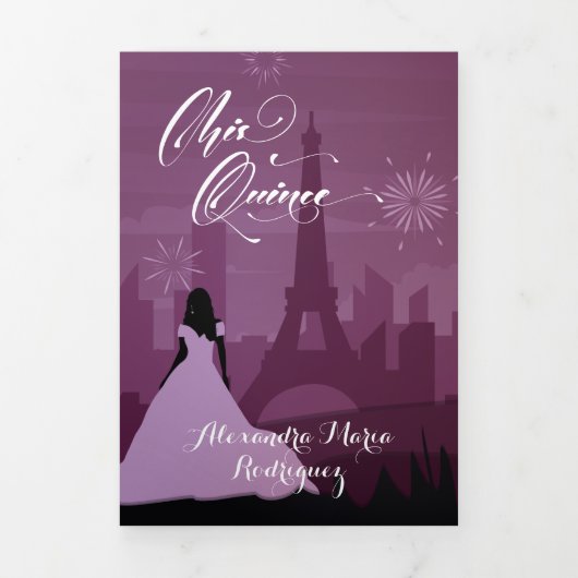 Invitation Trois Volets Bourgogne Rose rose Paris Feu d'artifice Quinceañe (Page de couverture)