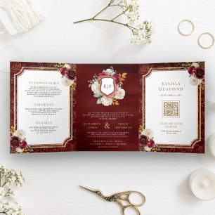 Invitation Trois Volets Bourgogne Rouge or Floral tout en une crête Mariag