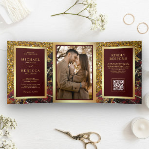 Invitation Trois Volets Bourgogne Rouge Or Marbre Photo Code QR Mariage
