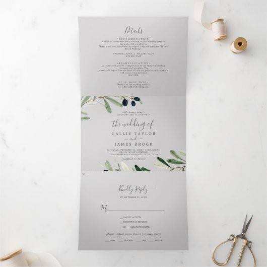 Invitation Trois Volets Branche d'olive moderne Gris Mariage photo tout en (Intérieur)