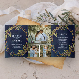 Invitation Trois Volets Branche d'olivier botanique rustique mariage bleu