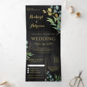 Invitation Trois Volets Branche d'or Eucalyptus Feuille Mariage noir (Intérieur)