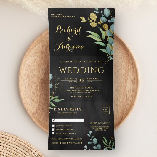 Invitation Trois Volets Branche d'or Eucalyptus Feuille Mariage noir