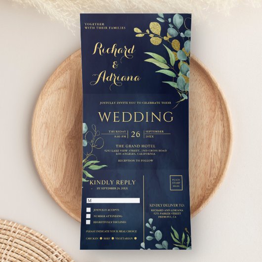Invitation Trois Volets Branche d'or Eucalyptus Feuille Marine Mariage ble