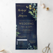 Invitation Trois Volets Branche d'or Eucalyptus Feuille Marine Mariage ble (Intérieur)