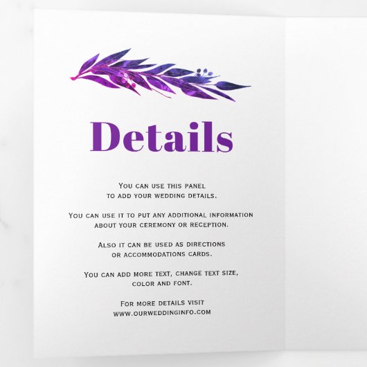 Invitation Trois Volets Branche Eucalyptus en violet couleur mariage d'aut (Intérieur en premier)